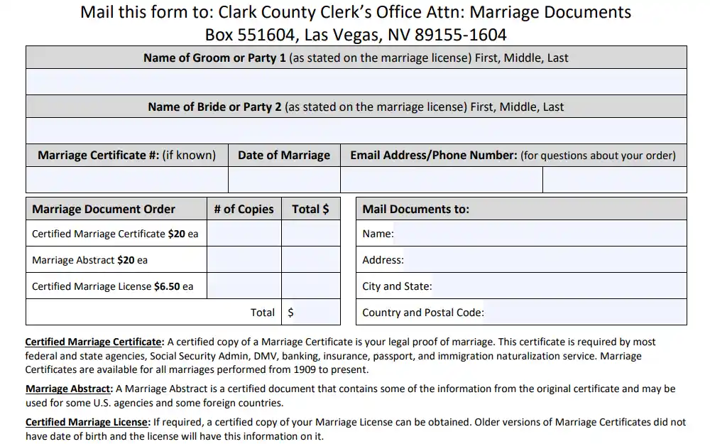 A screenshot of the application for proof of marriage form that can be used to obtain marriage documentation.