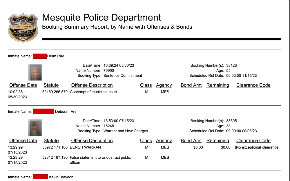 A screenshot of the inmate booking report displays individuals incarcerated in the Mesquite Detention Center.