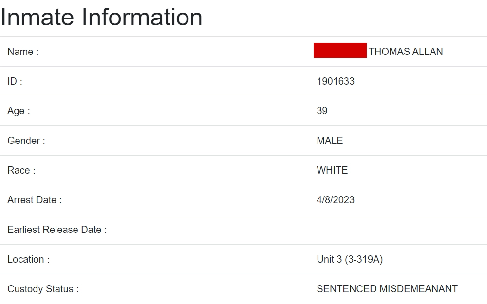 A screenshot of the City of Las Vegas Detention Center search tool displays the subject’s arrest date, earliest release date, location, custody status, and case information.
