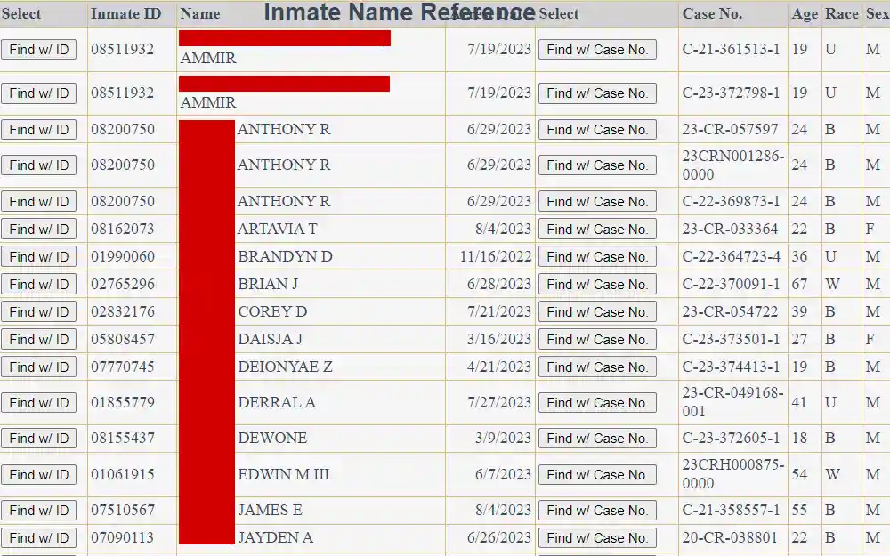 A screenshot of the CCDC inmate search tool where incarcerated individuals can be looked up by searching the last name.