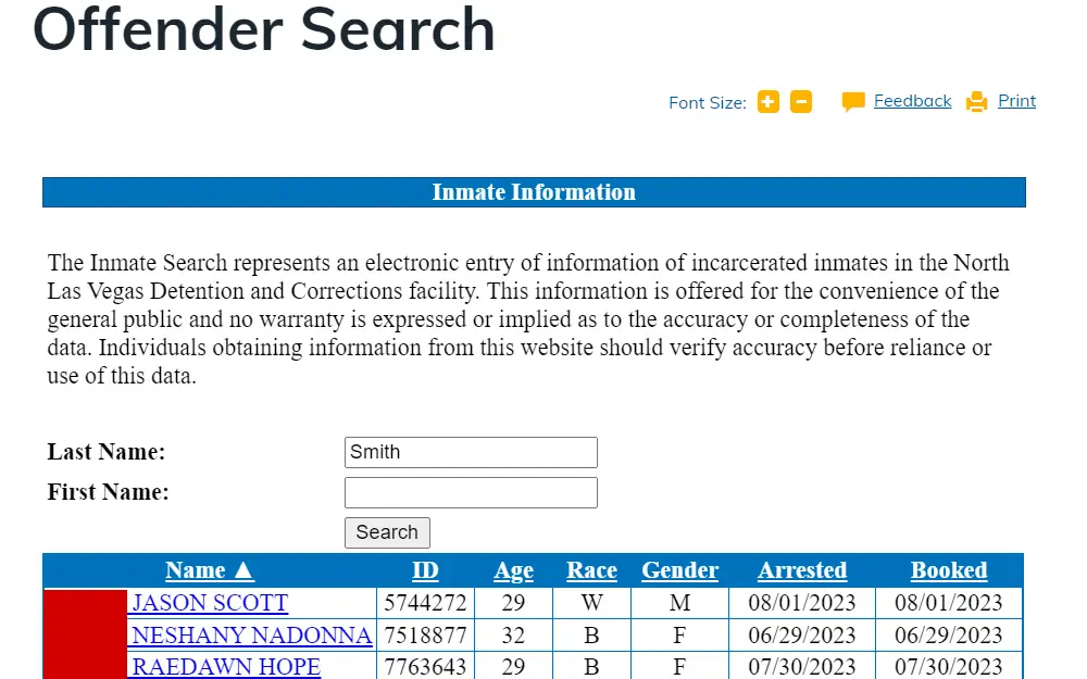 A screenshot of the North Las Vegas Community Correctional Center search tool where the user can obtain information about the offenders by searching their names.