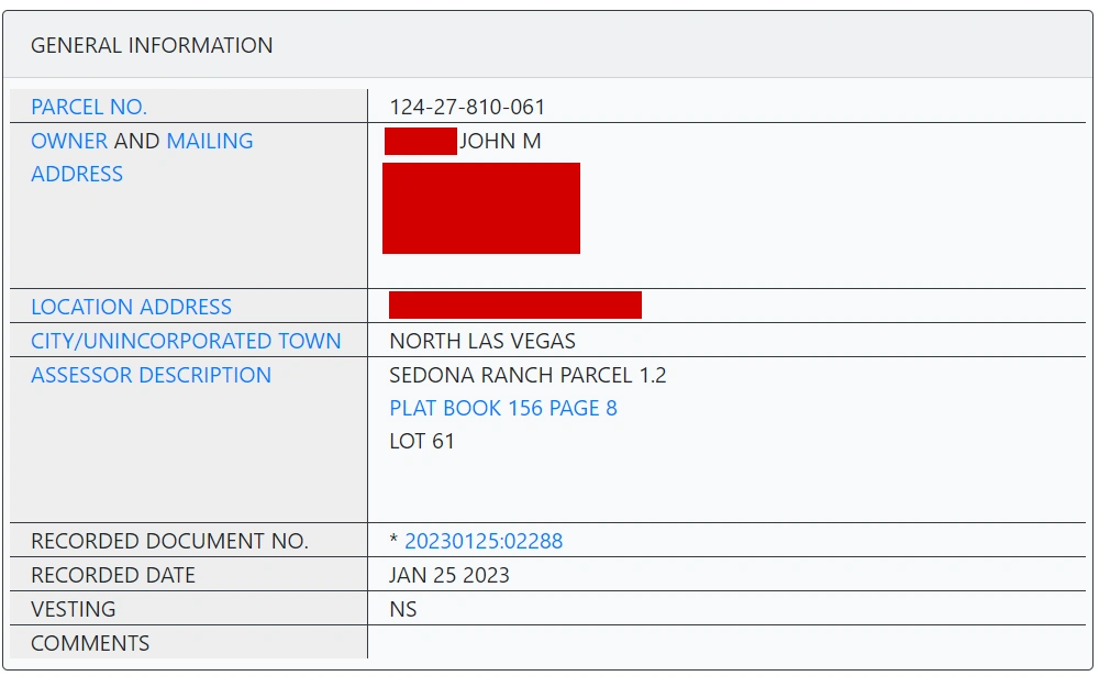 A screenshot of the search tool provided by Clark County Assessor that can be used to obtain property records.