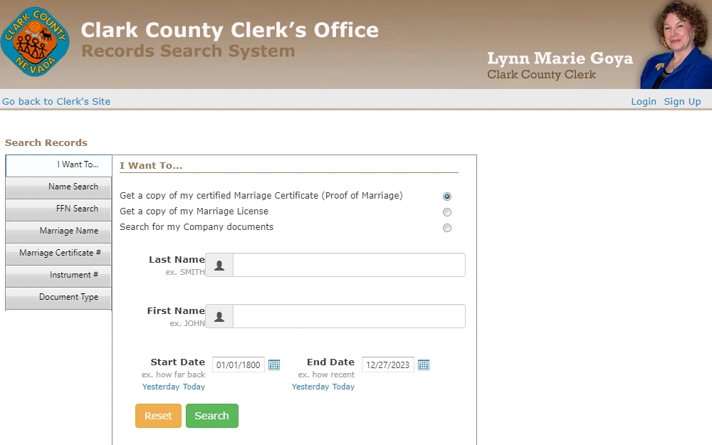 A screenshot displaying a search tool from the Clark County Clerk’s Office website with search criteria of last name, first name, start and end date.
