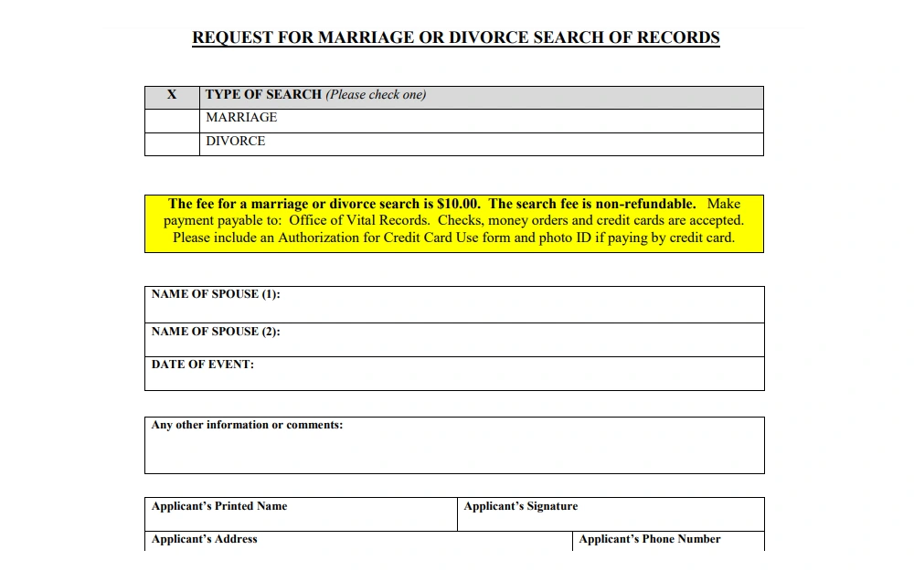 A screenshot displaying a request for marriage or divorce search of records requiring details such as type of search like marriage or divorce, name of spouses, date of event and other information or comments.