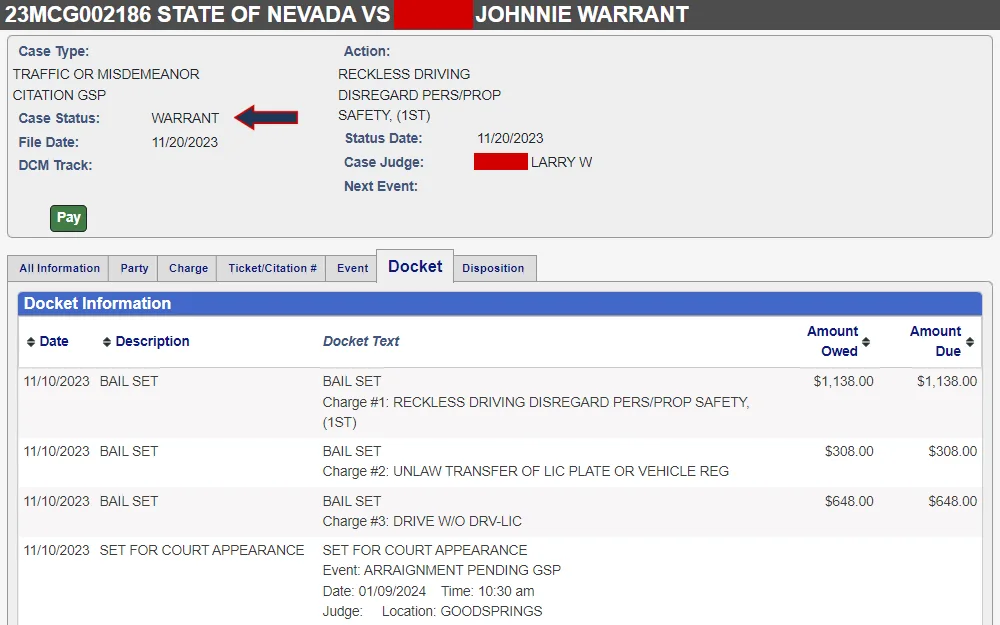 A screenshot of the case details from the Clark County Justice Court search results which display the case summary and docket information.