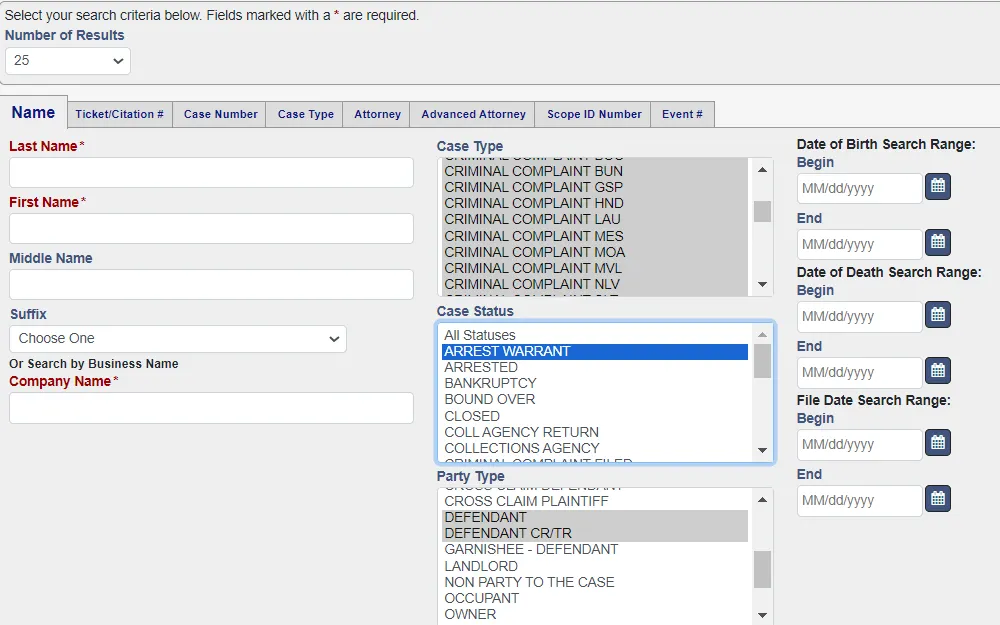 Screenshot of the search tool provided by the Clark County Justice Courts showing the required fields to procced with the search such as offender name, case type, status, party type and more.A screenshot of the search tool provided by the Clark County Justice Courts shows the required fields to proceed with the search, such as offender name, case type, status, party type, and more.