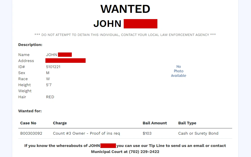 A screenshot of an individual's warrant information from the Las Vegas Municipal Court page, including their name, case number, physical description, charge, and bail amount.