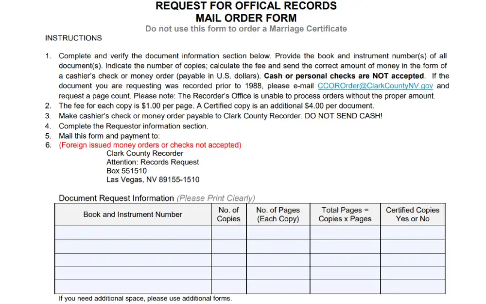 A form for ordering official documents via mail, detailing the instructions for requesting copies, fees per page, and additional costs for certified copies, along with the payment and mailing instructions to the county recorder's office.