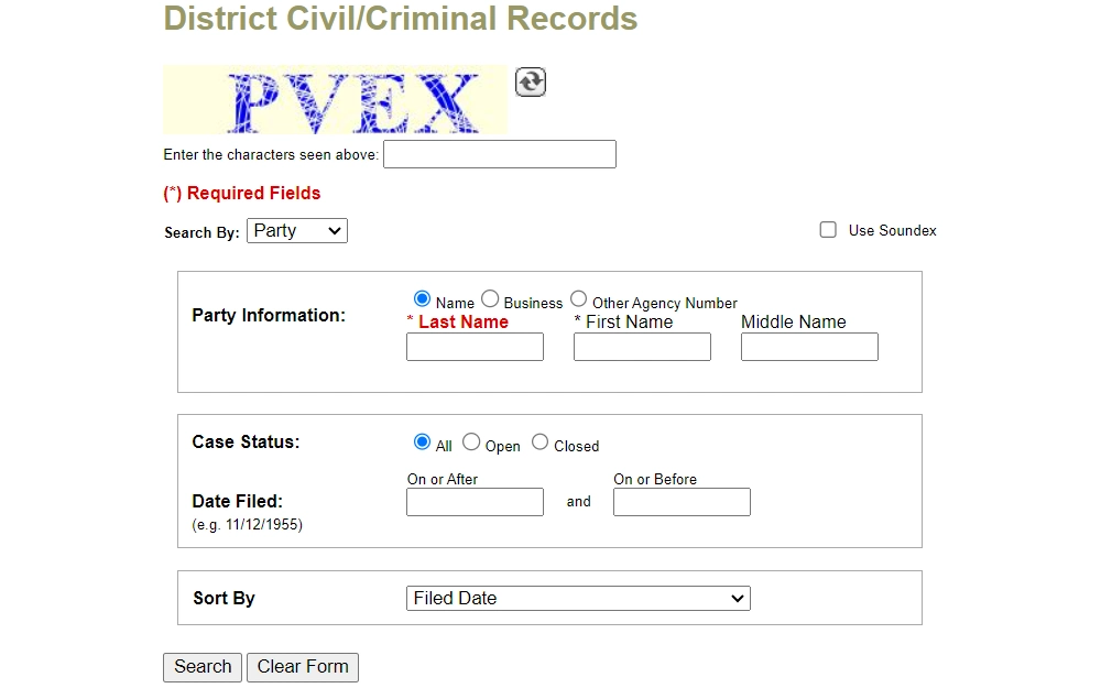Screenshot of the criminal case search tool from the district court of Clark County, displaying the search by party option requiring the last name of the individual being searched along with optional fields for first and middle names, case status, filing date range, and a sorting option.