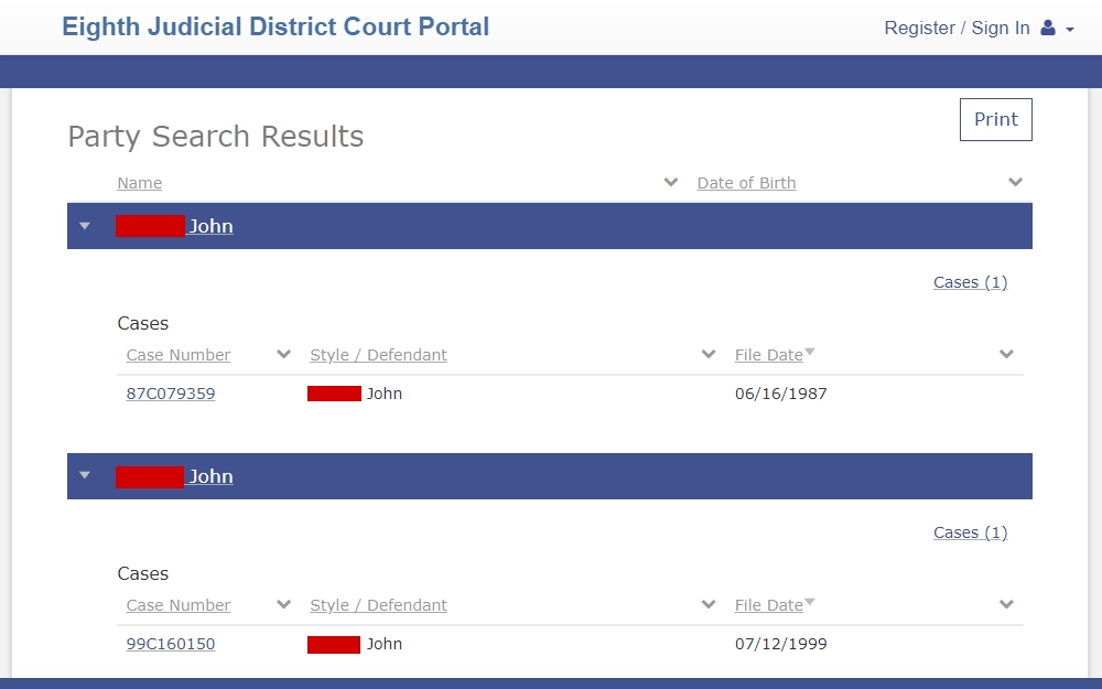 Screenshot of the search results from the Eighth Judicial District Court Portal, showing the case number, defendant's name, and filing date.