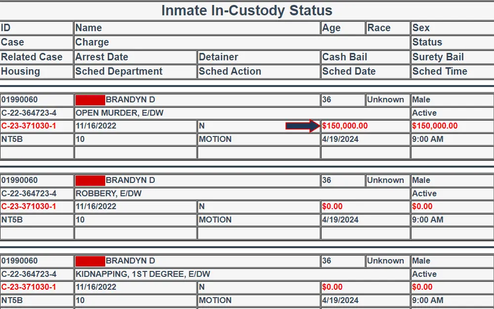 Screenshot of an inmate's case detail from the inmate search tool provided by Clark County Detention Center displaying the name, inmate ID, age, race, sex, case number, related case number, charge, status, housing, arrest date, detainer, cash bail, surety bail, scheduled department, scheduled action, scheduled date, and scheduled time.