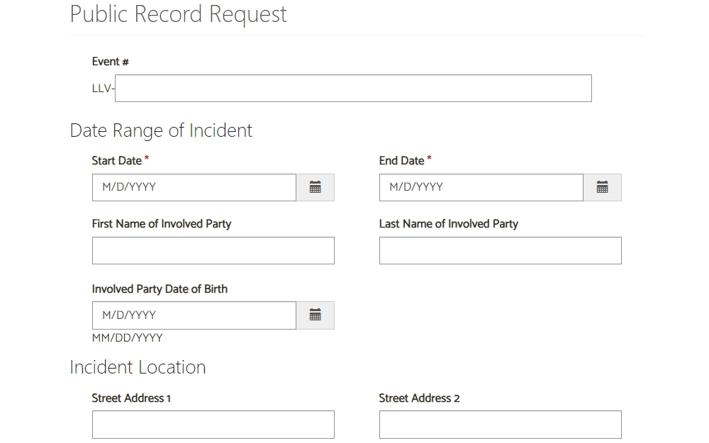 Screenshot of the online request form for public records under the metropolitan police department of Las Vegas with fields for event number, date range of incident, name of party involved, and incident location among others.