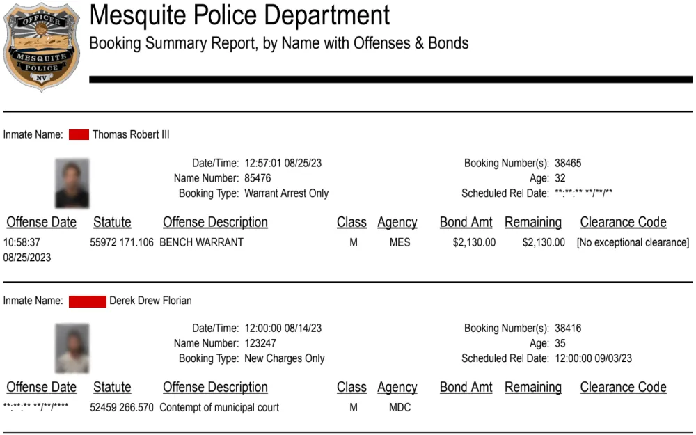 A screenshot of the inmate booking report displays individuals incarcerated in the Mesquite Detention Center.