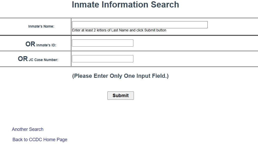 A screenshot of the Clark County Sheriff's Office's Inmate Information Search page showing three search options - Inmate's Name, ID, or JC Case Number - where users can enter only one field to search, along with a Submit button.