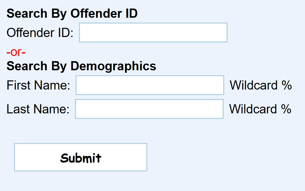 A screenshot of the NDOC's offender search page showing two search options: searching by Offender ID or by demographics, with input fields and a submit button.